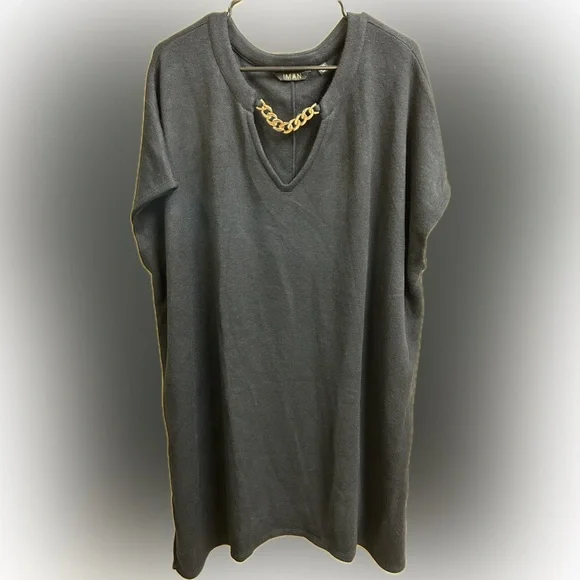 🌸5/$25🌸 IMAN Black Tunic Dress W Gold Chain Accent - Picture 2 of 5